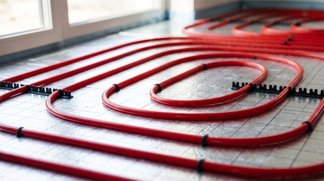 Close-up of hydronic radiant floor heating pipes on insulation foil