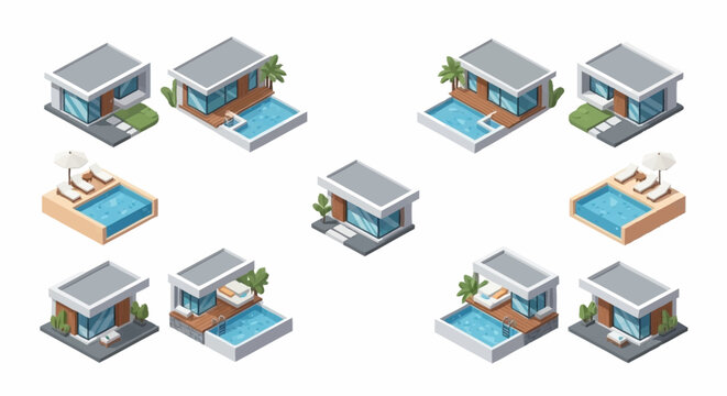 Isometric modern house pool illustrations.