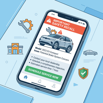 Electric vehicle safety recall notification on smartphone screen with service icons in flat vector illustration