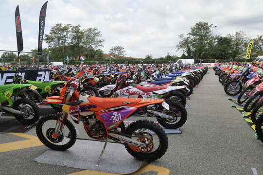 Motorcycles on display in the closed park of the Bergamo fair for the Enduro World Championship