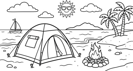 Beach camping scene with tent bonfire palm trees and sailboat line art © mdtaher