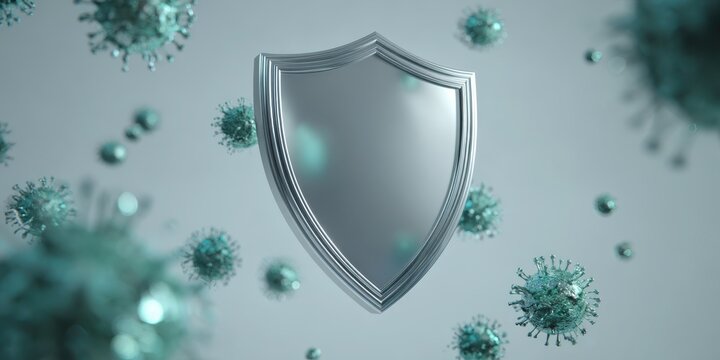 Protective shield surrounded by airborne viruses and bacteria cells, repelling green viral particles. Blue background. Infectious agents defense. Immunity safety. Health care, protection from disease