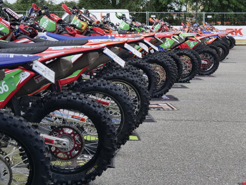 Motorcycles on display in the closed park of the Bergamo fair for the Enduro World Championship