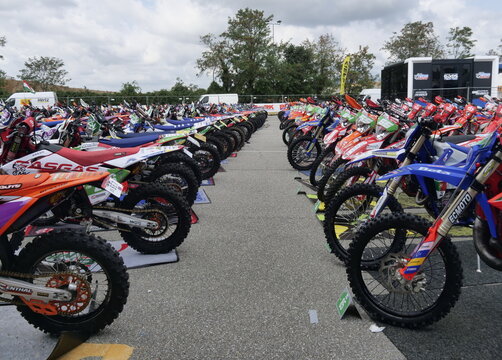 Motorcycles on display in the closed park of the Bergamo fair for the Enduro World Championship