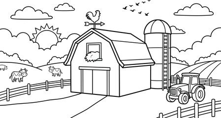 Farm scene coloring page with barn tractor and animals © mdtaher