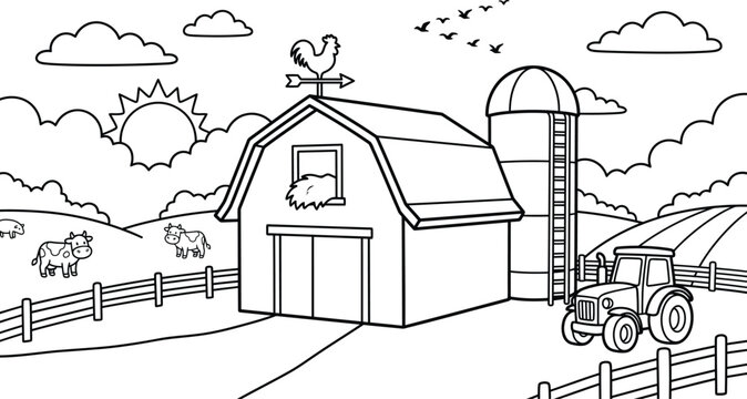 Farm scene coloring page with barn tractor and animals