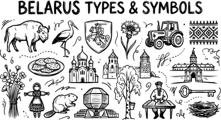 Belarus Types and Symbols: Black and White Line Art Illustrations of Culture and Nature © naila