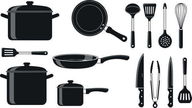 Kitchen utensils vector set featuring black silhouettes of pots pans knives spatula ladle and cooking tools