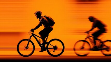 Obraz premium Dynamic Mountain Bikers Cycling at Speed on Motion Blurred Orange Background
