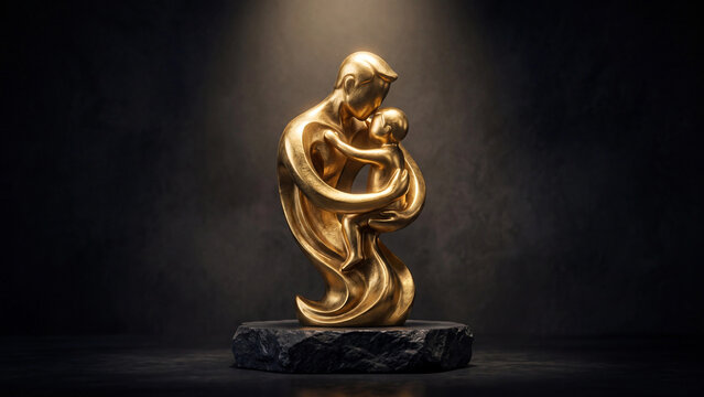 Statue depicting a parent holding a child stands as a symbolic golden sculpture on a dark textured pedestal to represent the universal bond of love and protection within a studio lighting setup.