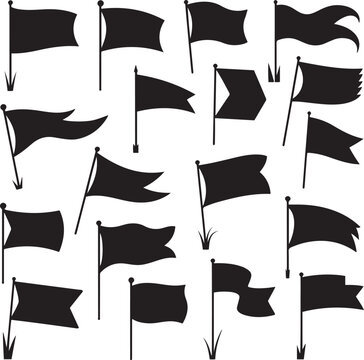 Collection of various black flags and banners silhouettes on poles for marking locations and events.
