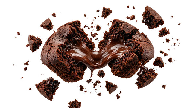 Exploding chocolate lava cake with gooey filling on black background
