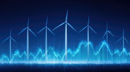 Fototapeta premium Modern Wind Turbines Generating Renewable Energy with Abstract Graphical Elements Depicting Energy Trends and Sustainability Concepts