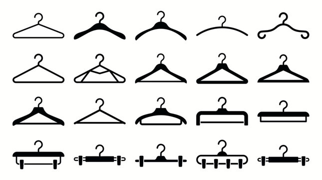 Various black silhouette clothing hanger icons on a clean white background, showcasing different designs for garments, representing fashion industry essentials and symbolizing retail store inventory