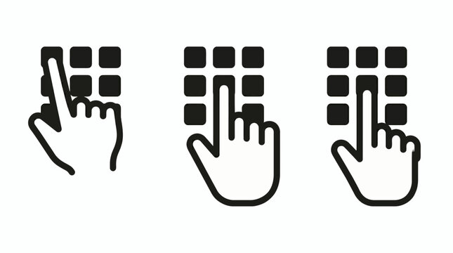 Three distinct hand cursor icons interacting with a square nine-button grid, clean vector illustration, symbolizing interactive digital selection and user experience