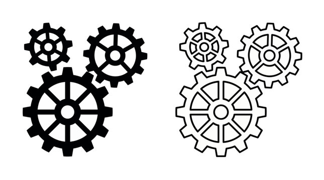 A pair of black gear icons, one solid and one outline, arranged in clusters on a clean white background, representing complex systems or illustrating industrial design and functionality
