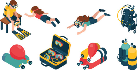 Modern isometric scuba diving equipment and divers vector set collection with oxygen tanks masks flippers and underwater swimmers for sports training brochure illustration © Suchana