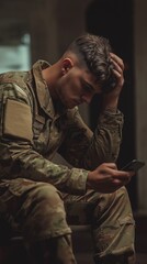 Obraz premium Worried soldier checking phone at home. anxiety, military life, communication, mental health