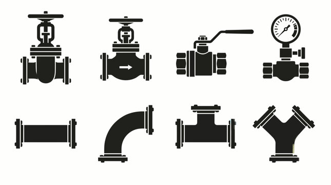 Detailed black silhouette icons of industrial pipeline valves, various fittings and a pressure gauge on white, illustrating engineering schematics and plumbing system layouts