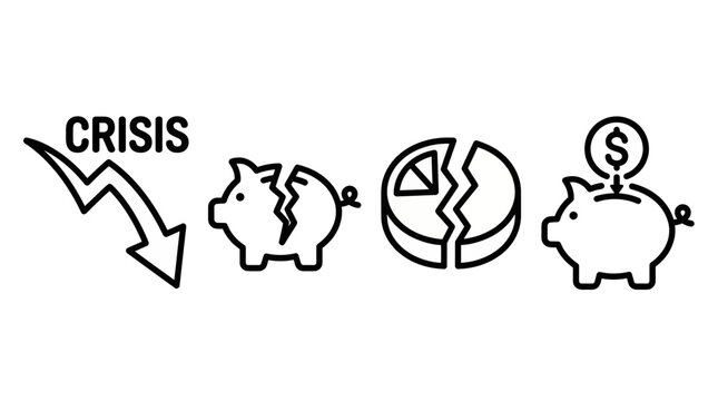 Vector line icons depicting financial crisis, featuring a downward trend arrow, broken piggy bank, fragmented pie chart and money savings, symbolizing economic downturn and investment risk