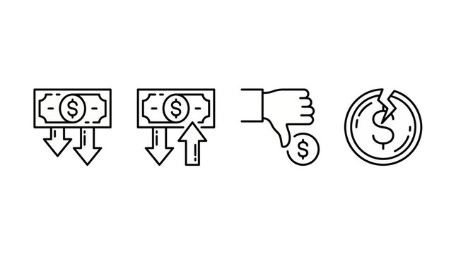 Set of vector line icons depicting money outflow, financial transactions, a disliked dollar and a broken coin, illustrating financial trends and investment risks