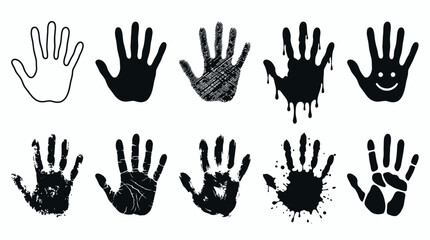 Fototapeta premium Diverse collection of black vector handprints and hand shapes on a clean white background, showcasing various styles and textures, Symbolizing creativity and expressing identity