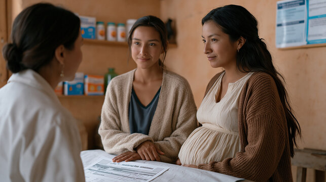 Rural obstetrician meets with a young pregnant farmworker and her mother in a sparse clinic examination room, a maternal health risk assessment form visible on the exam table paper, a shelf of prena