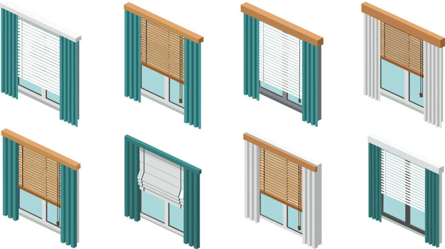 Modern isometric window blinds and curtains vector set collection with wooden venetian shutters and roller shades for office home interior architecture design illustration