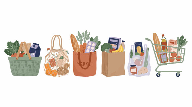 Various grocery bags, baskets and a shopping cart brimming with fresh produce and packaged goods, illustrating modern consumerism and eco-friendly shopping choices