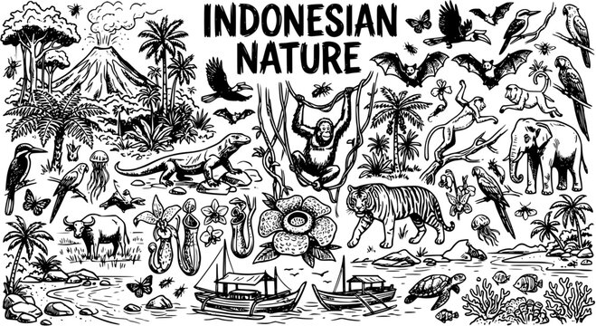 Indonesian Nature Hand-Drawn Black and White Line Art Vector Illustration. Tropical wildlife, iconic animals, plants, landscapes, and boats doodle set.