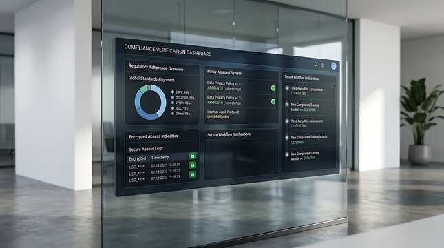 A sleek digital screen displays information in a modern glass-enclosed office lobby with a plant.