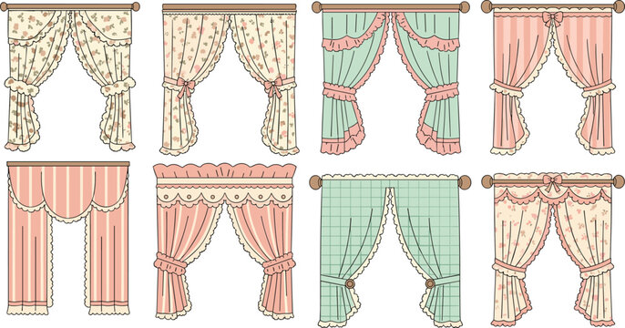 Vintage cottagecore window curtains and rustic floral drapes vector set collection with lace ruffles for sweet bedroom shabby chic interior home decor design illustration