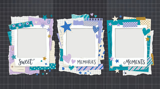 Three decorative photo frame collages with blank spaces, torn paper, washi tape, stars and hearts on a dark grid background, symbolizing memory keeping or creative craft projects