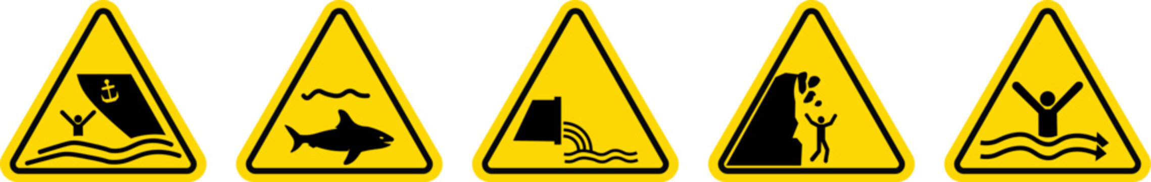 yellow warning sign set for aquatic and coastal hazards including sharks cliffs and deep water