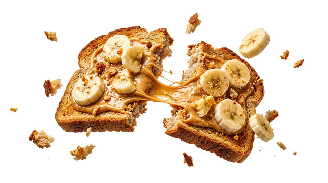 Sliced banana on peanut butter toast with crumbs on black background