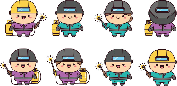 Cute kawaii welder characters vector collection with little worker kids holding welding torch and gas tank for children education industrial profession sticker design