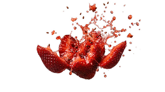 Exploding strawberry slices with juicy splash isolated on black background