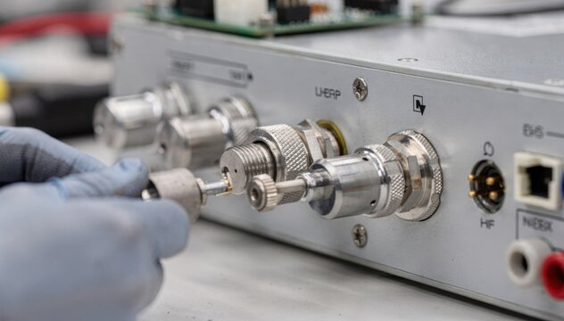 Closeup medium shot focusing on frontpanel rotary encoders being connected and fastened on a function generator emphasizing detailed electronics craftsmanship.