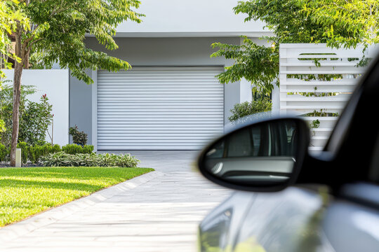 Modern Home with Silver Garage Door and Green Landscaping from Car View