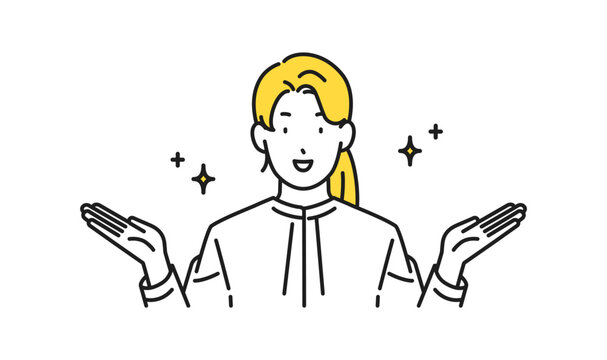 イラスト素材：両手を広げて笑顔で紹介するビジネスパーソン