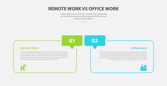 remote vs office work comparison infographic outline style with 2 point comparison template with round box and callout discussion badge for slide presentation