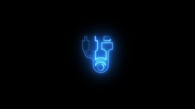 Glowing neon line icon of a cable adapter with rca and hdmi connectors isolated on black background