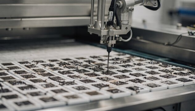 Medium shot of automated thick film resistor screenprinting showcasing precise robotic application of resistive paste on ceramic substrates in a highly controlled environment.