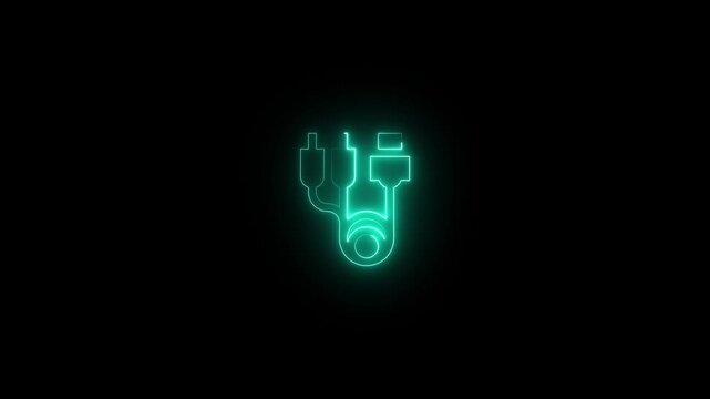 Neon glowing icon of a cable with rca and hdmi connectors on a black background