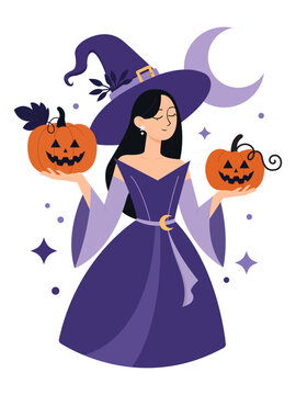 Happy halloween greeting card with cute witch, pumpkin and little owl. Holidays cartoon character vector