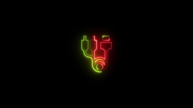 Neon glowing icon of a cable adapter with rca and hdmi connectors on a black background