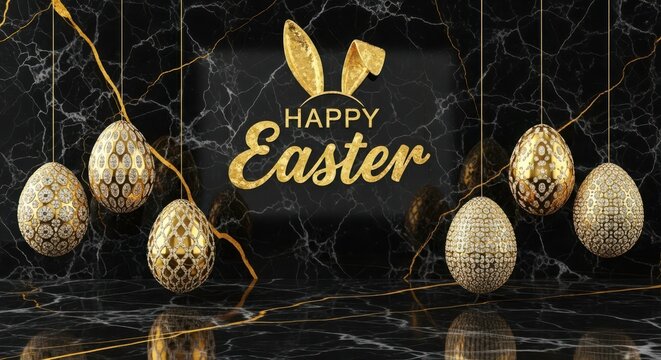 Luxury golden easter greeting card with hanging metallic eggs and rabbit ears on dark elegant black marble surface.
