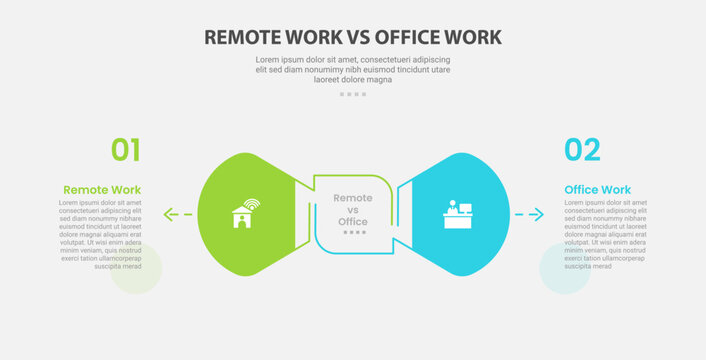 remote vs office work comparison infographic outline style with 2 point comparison template with creative round arrow opposite direction for slide presentation