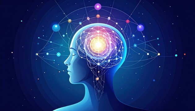 Profile of a person with glowing brain and cosmic energy, stars around