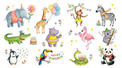 Fototapeta premium Fun safari and tropical animals in festive cartoon watercolor style. Collection of Vector illustrations for invitation, card, poster, banner, decoration